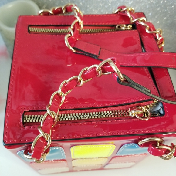 Retro Glossy Red Multicolor Square Rubiks Cube Shape Purse Chain Handbag NEW - Picture 5 of 16